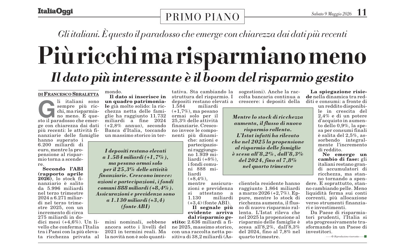 Più ricchi ma risparmiano meno — ItaliaOggi 9 maggio 2026