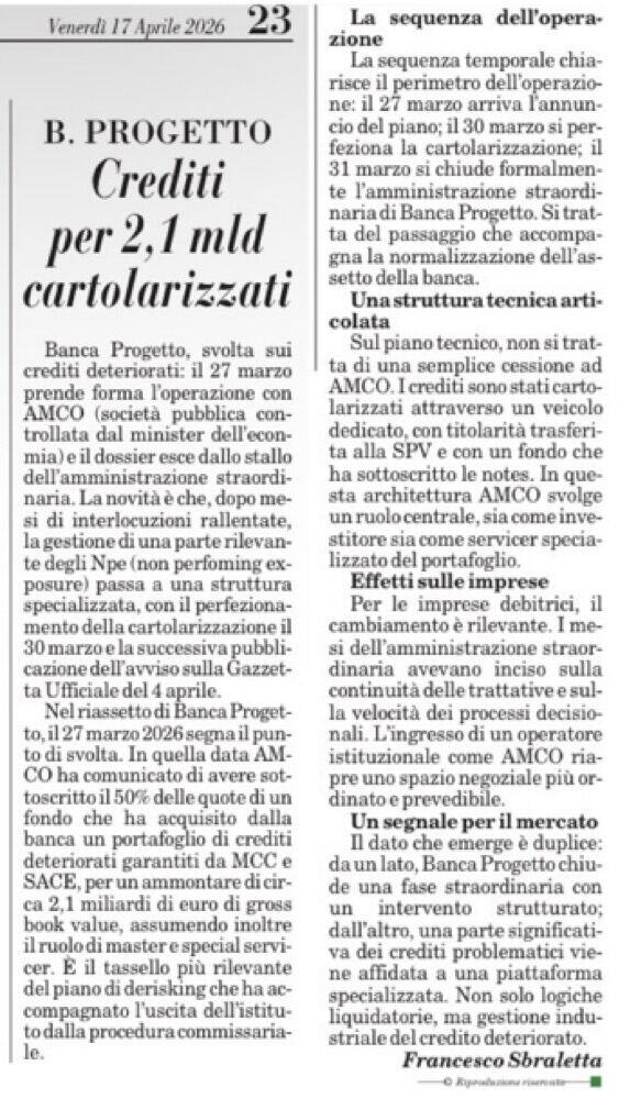 Banca Progetto: crediti per 2,1 mld cartolarizzati
