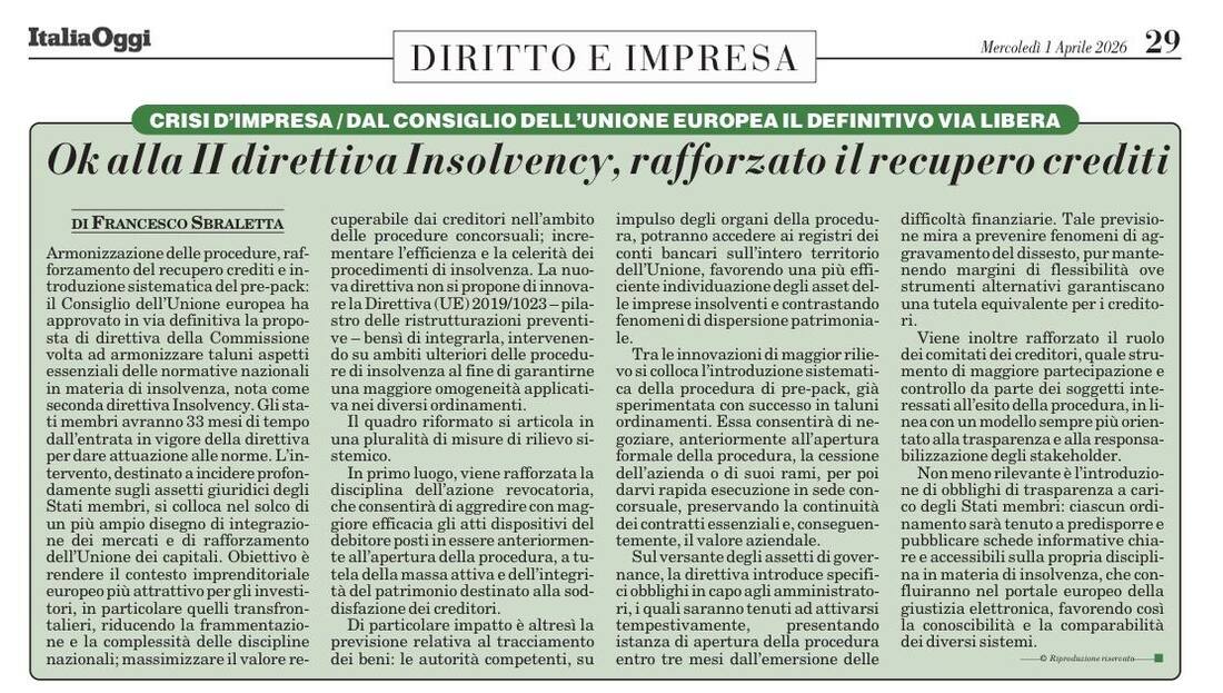 Ok alla II direttiva Insolvency, rafforzato il recupero crediti