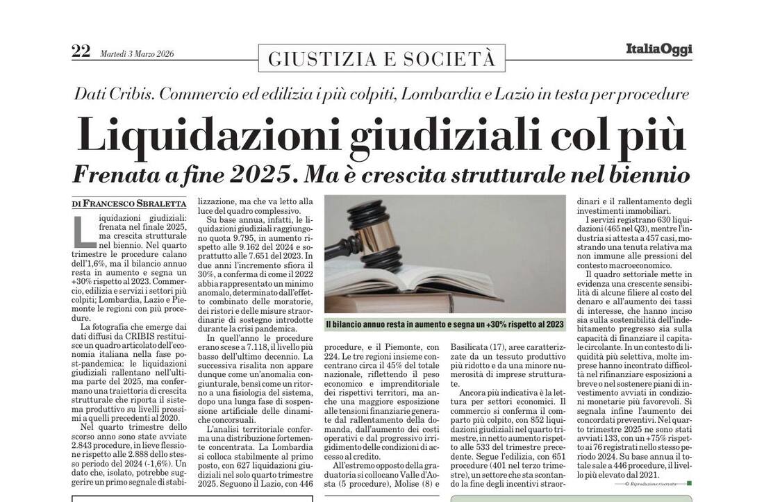 Liquidazioni giudiziali col più. Frenata a fine 2025.