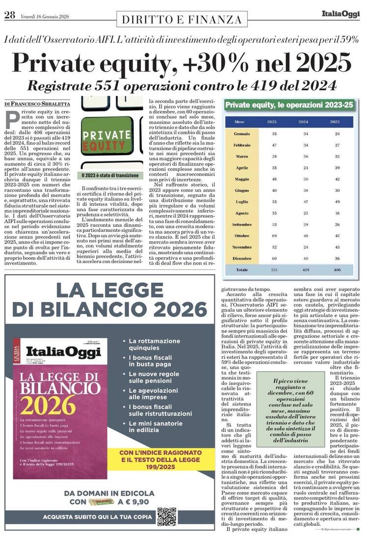 Private equity, +30% nel 2025