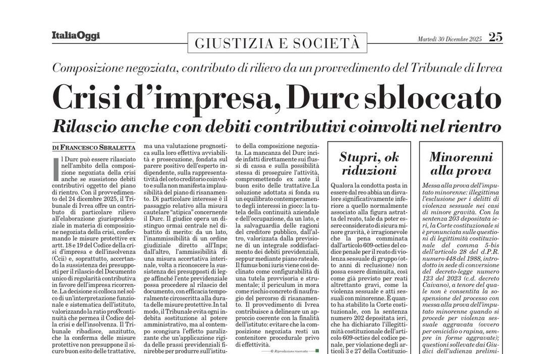 Crisi d'impresa, Durc sbloccato. Tribunale di Ivrea.