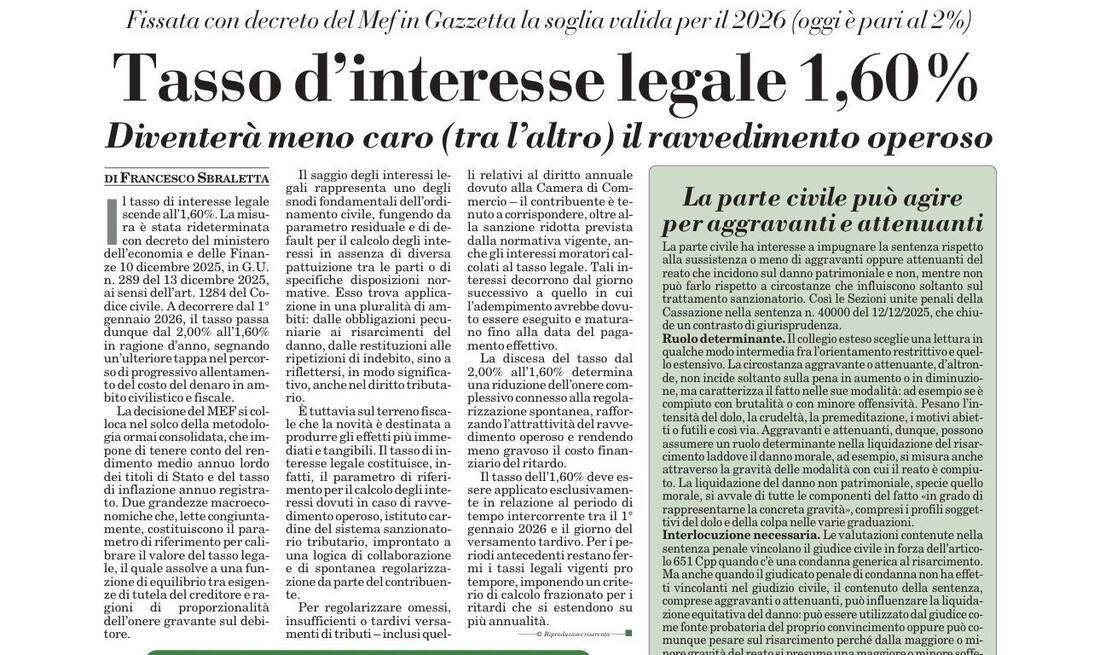 Tasso d'interesse legale 1,60%