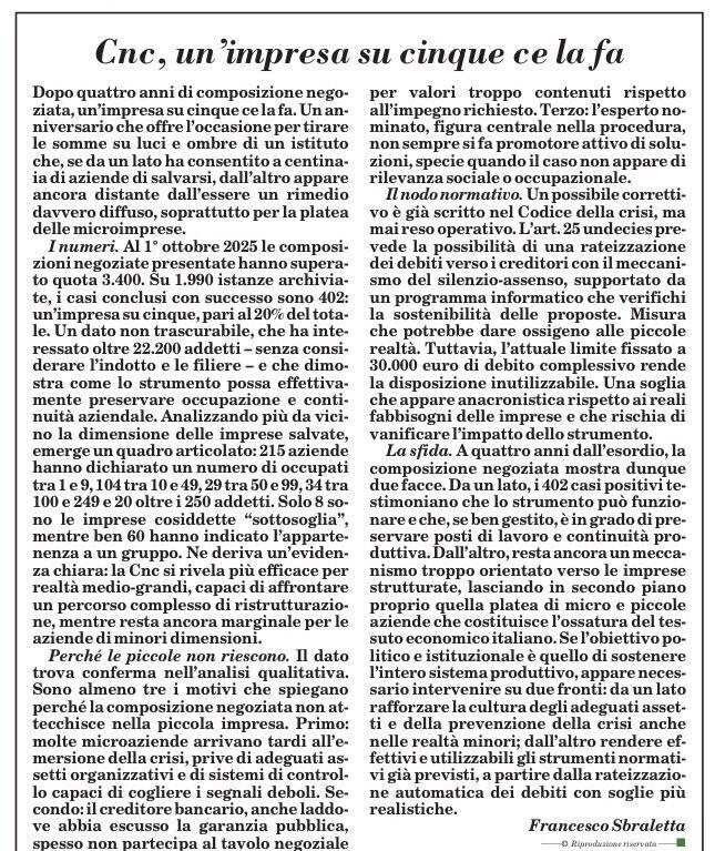 Cnc, un'impresa su cinque ce la fa