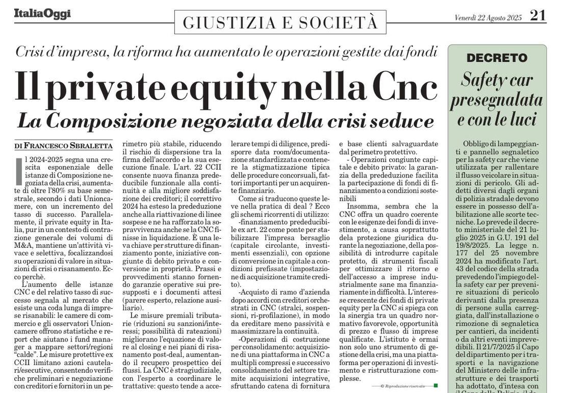 Il private equity nella Cnc: la composizione negoziata seduce